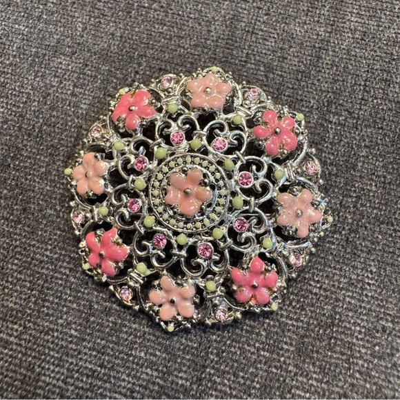 Monet Jewelry - Vintage marked Monet Silver Tone Pink Rhinestone Beaded Enamel Brooch